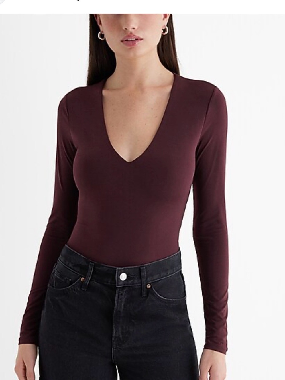 Express Long-Sleeve V-Neck Bodysuit in Burgundy